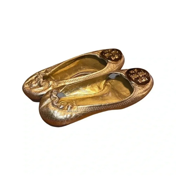 Tory Burch Reva Metallic Crackled Ballerina Gold Flat Size 4.5 - Picture 4 of 8
